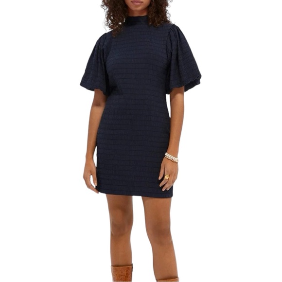 NWT Scotch & Soda Textured Smocked Navy Mini Dress With Voluminous Puff Sleeves - Picture 3 of 15